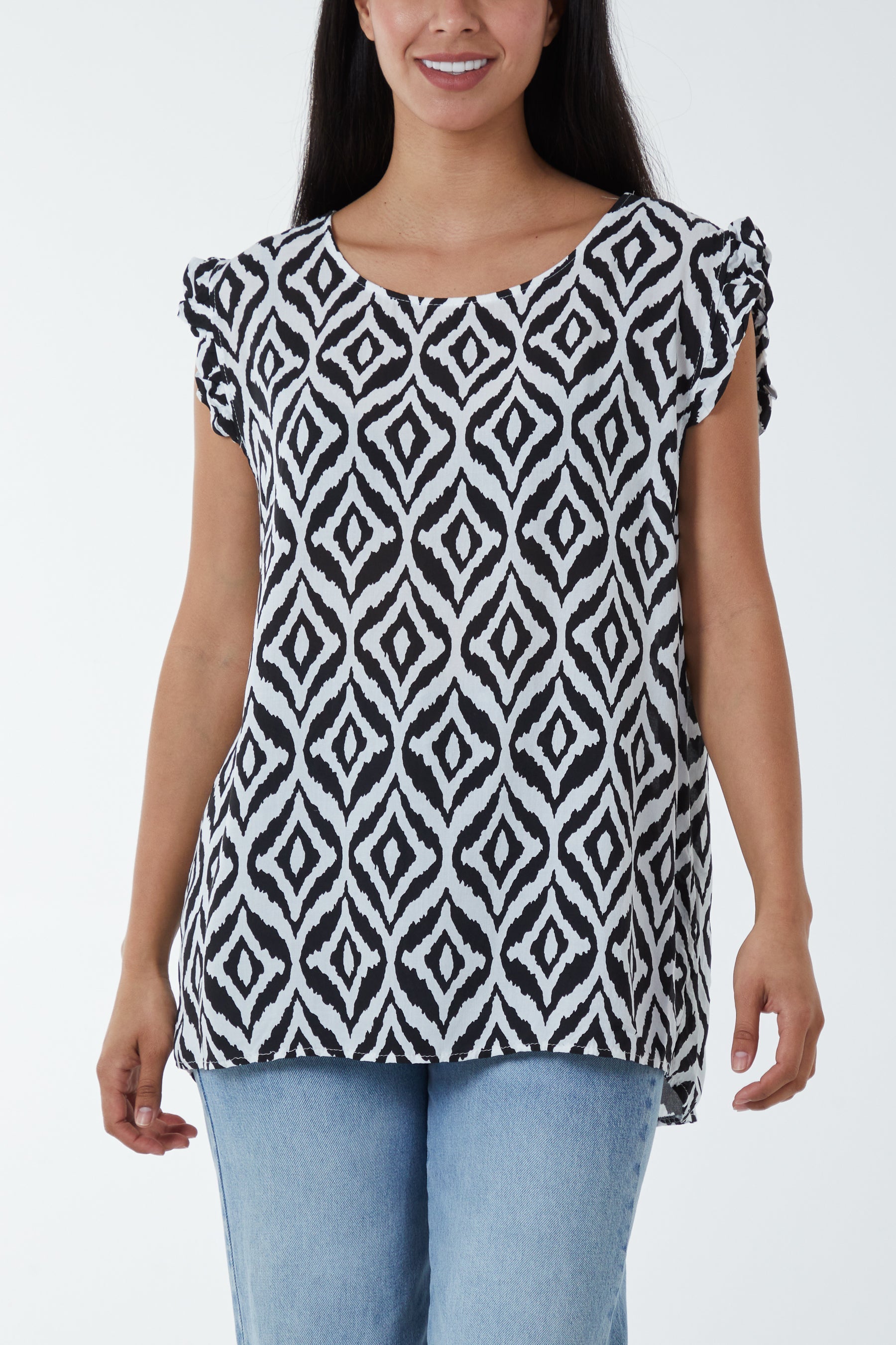 Geometric Print Frill Sleeve Top For Women  - Dropwear