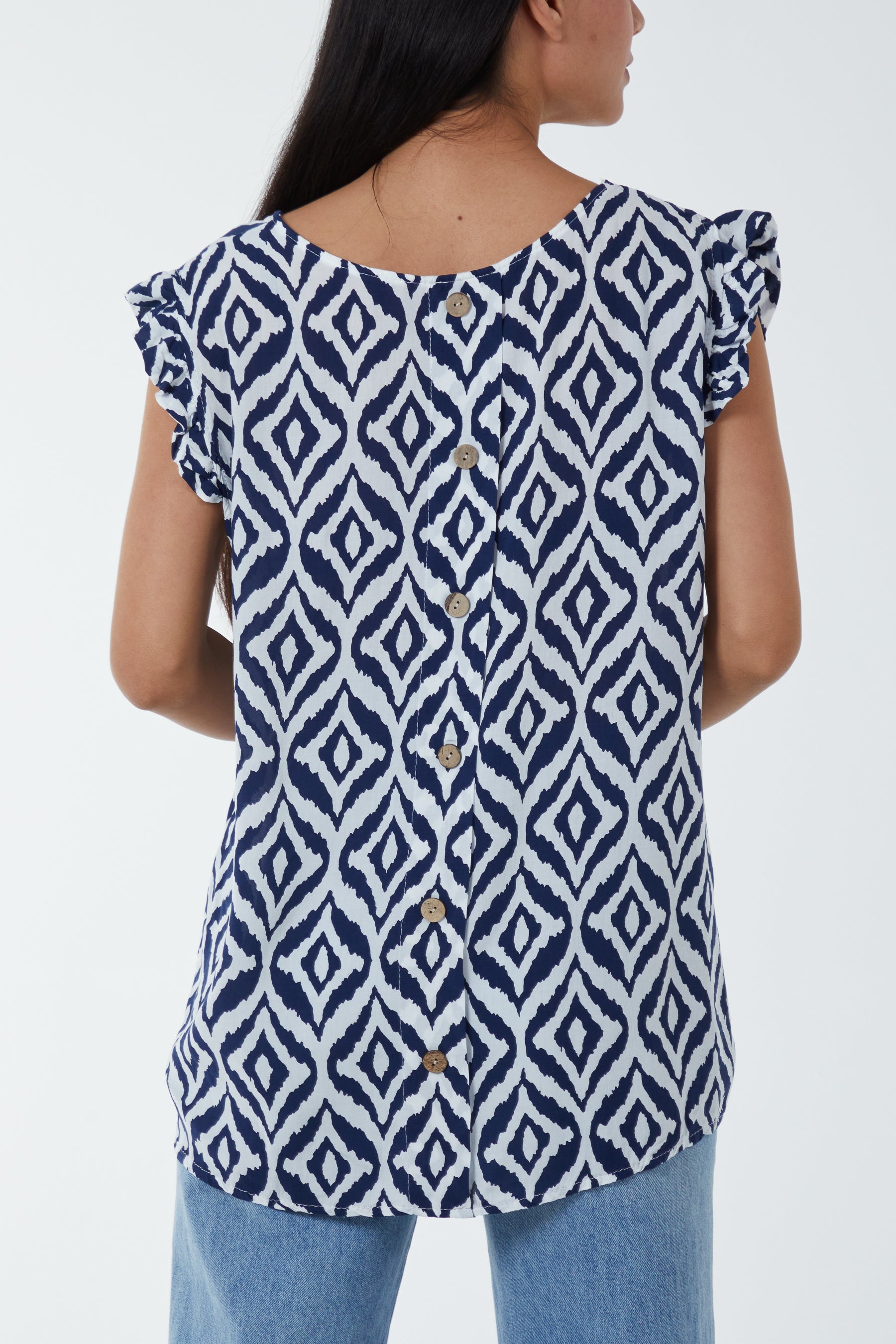 Geometric Print Frill Sleeve Top For Women  - Dropwear