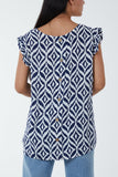 Geometric Print Frill Sleeve Top For Women  - Dropwear
