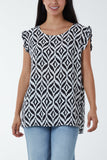 Geometric Print Frill Sleeve Top For Women  - Dropwear