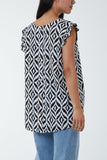 Geometric Print Frill Sleeve Top For Women  - Dropwear