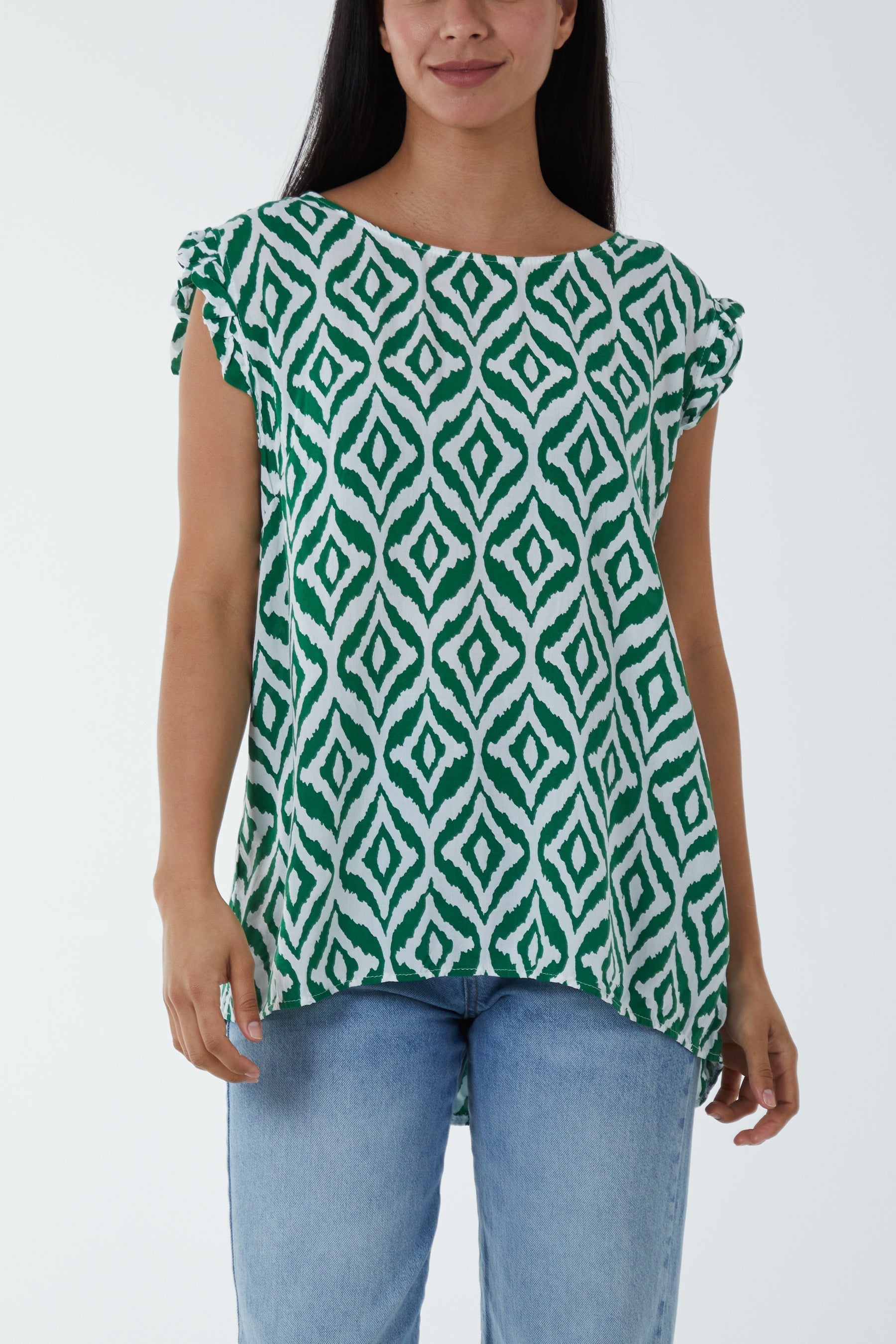 Jade Geometric Print Frill Sleeve Top For Women ONE SIZE - Dropwear