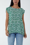 Jade Geometric Print Frill Sleeve Top For Women ONE SIZE - Dropwear