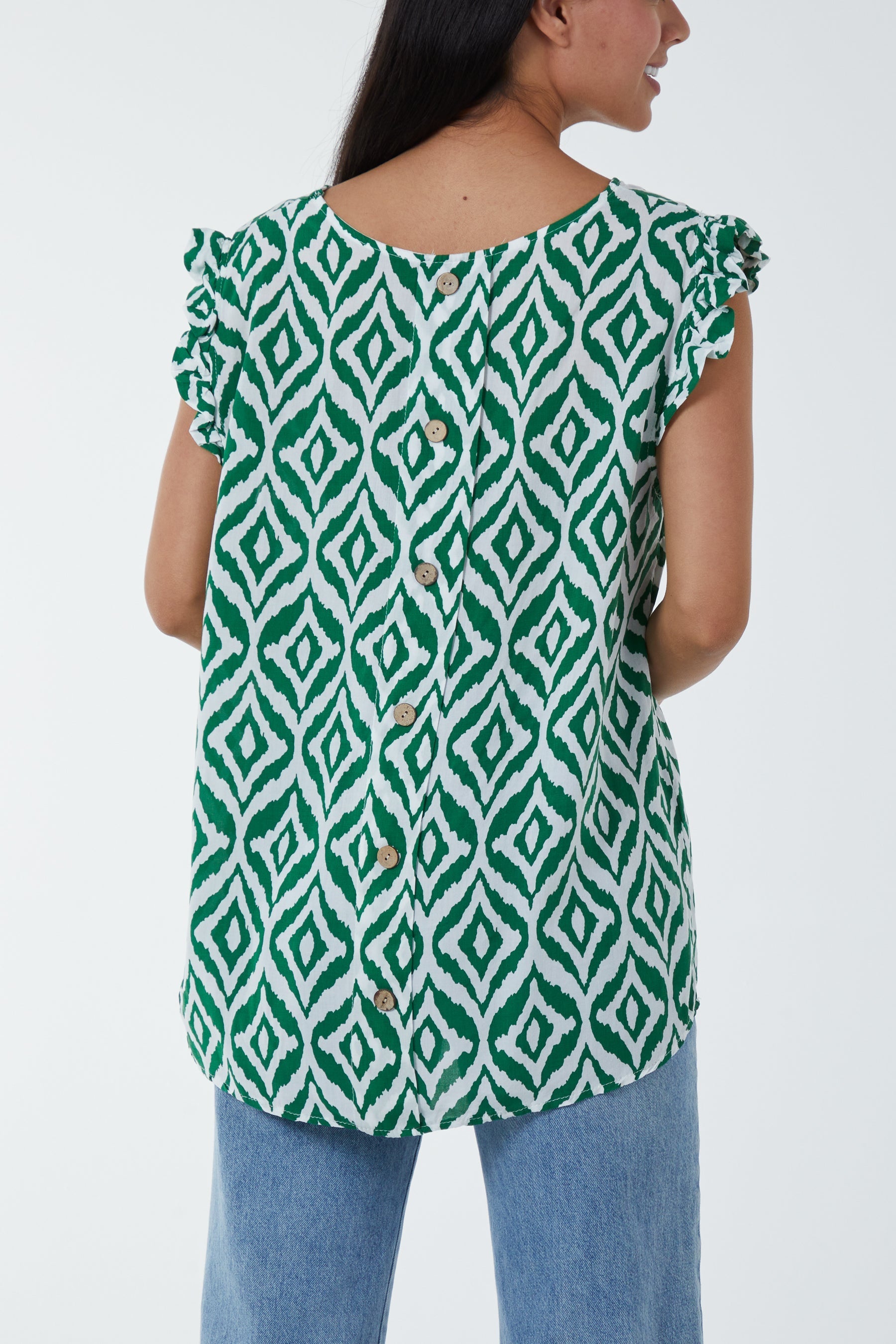 Khaki Geometric Print Frill Sleeve Top For Women ONE SIZE - Dropwear