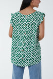Khaki Geometric Print Frill Sleeve Top For Women ONE SIZE - Dropwear