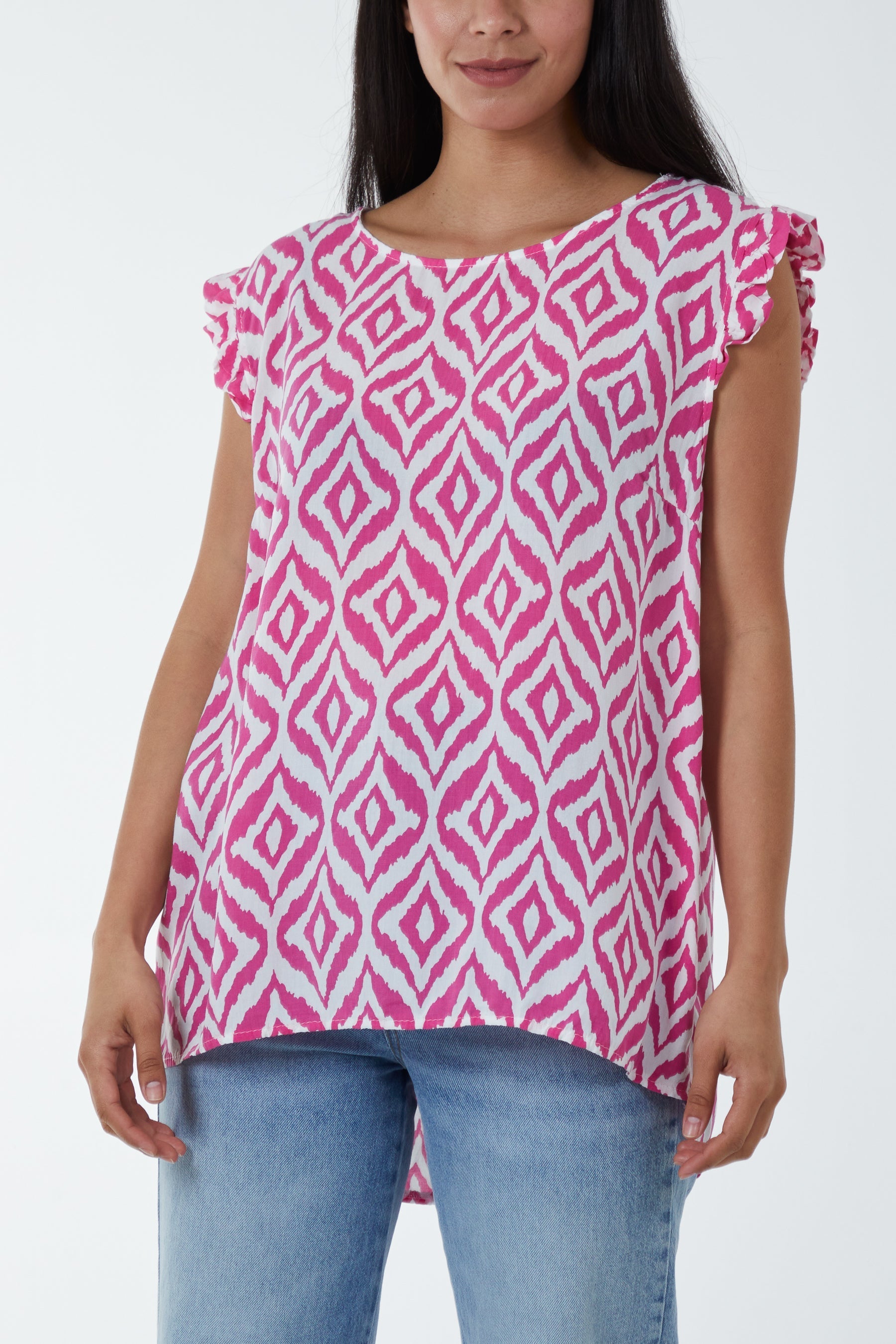 Hot Pink Geometric Print Frill Sleeve Top For Women ONE SIZE - Dropwear