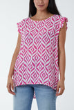 Hot Pink Geometric Print Frill Sleeve Top For Women ONE SIZE - Dropwear