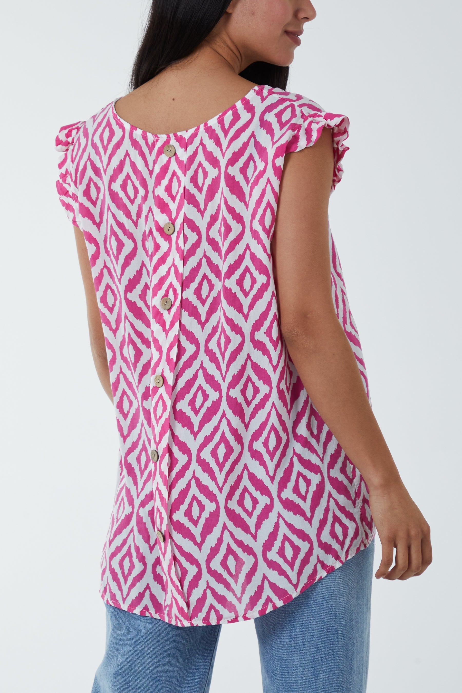 Royal Blue Geometric Print Frill Sleeve Top For Women ONE SIZE - Dropwear
