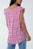 Royal Blue Geometric Print Frill Sleeve Top For Women ONE SIZE - Dropwear