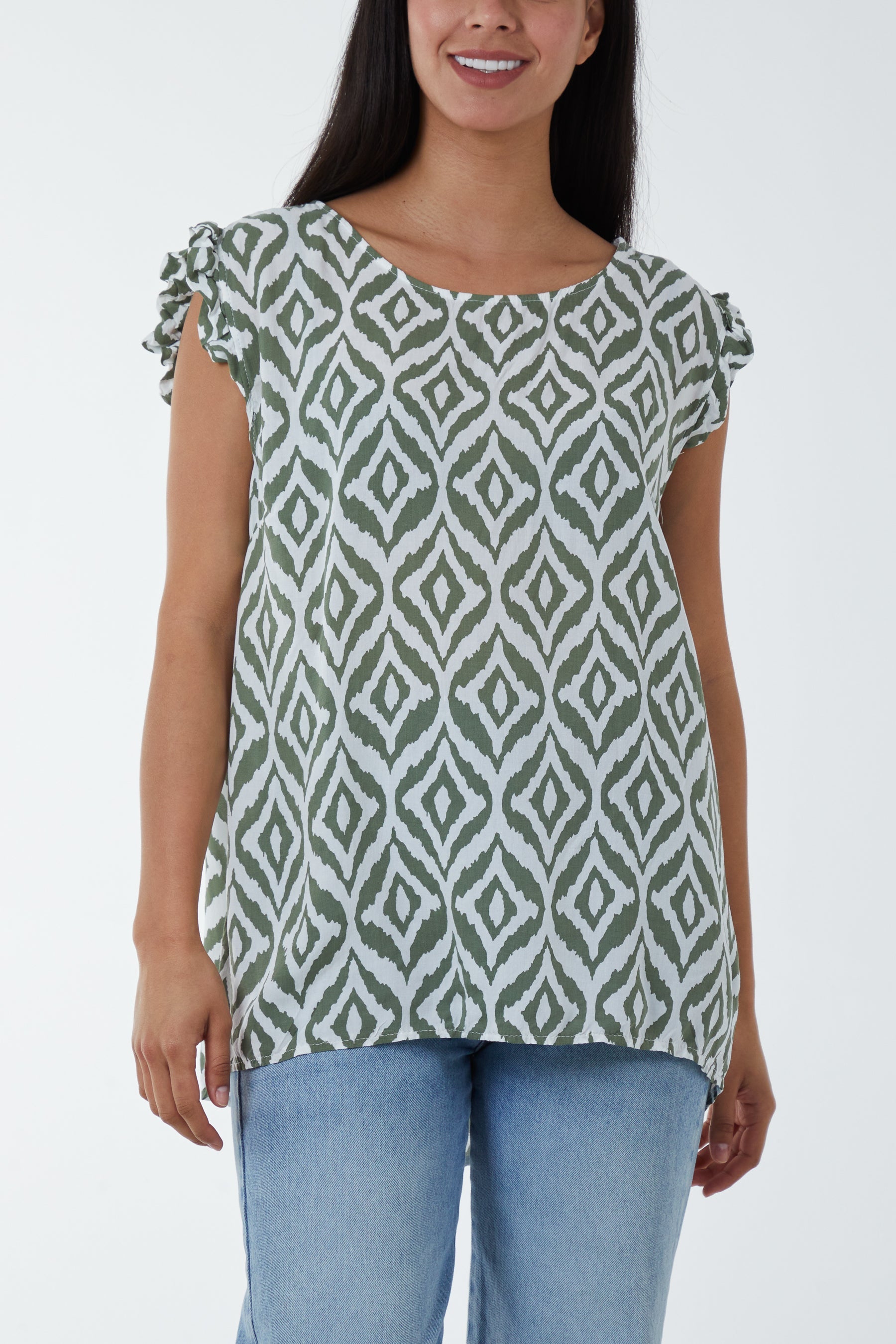 Geometric Print Frill Sleeve Top For Women  - Dropwear