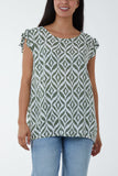 Geometric Print Frill Sleeve Top For Women  - Dropwear