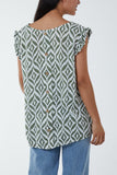 Geometric Print Frill Sleeve Top For Women  - Dropwear