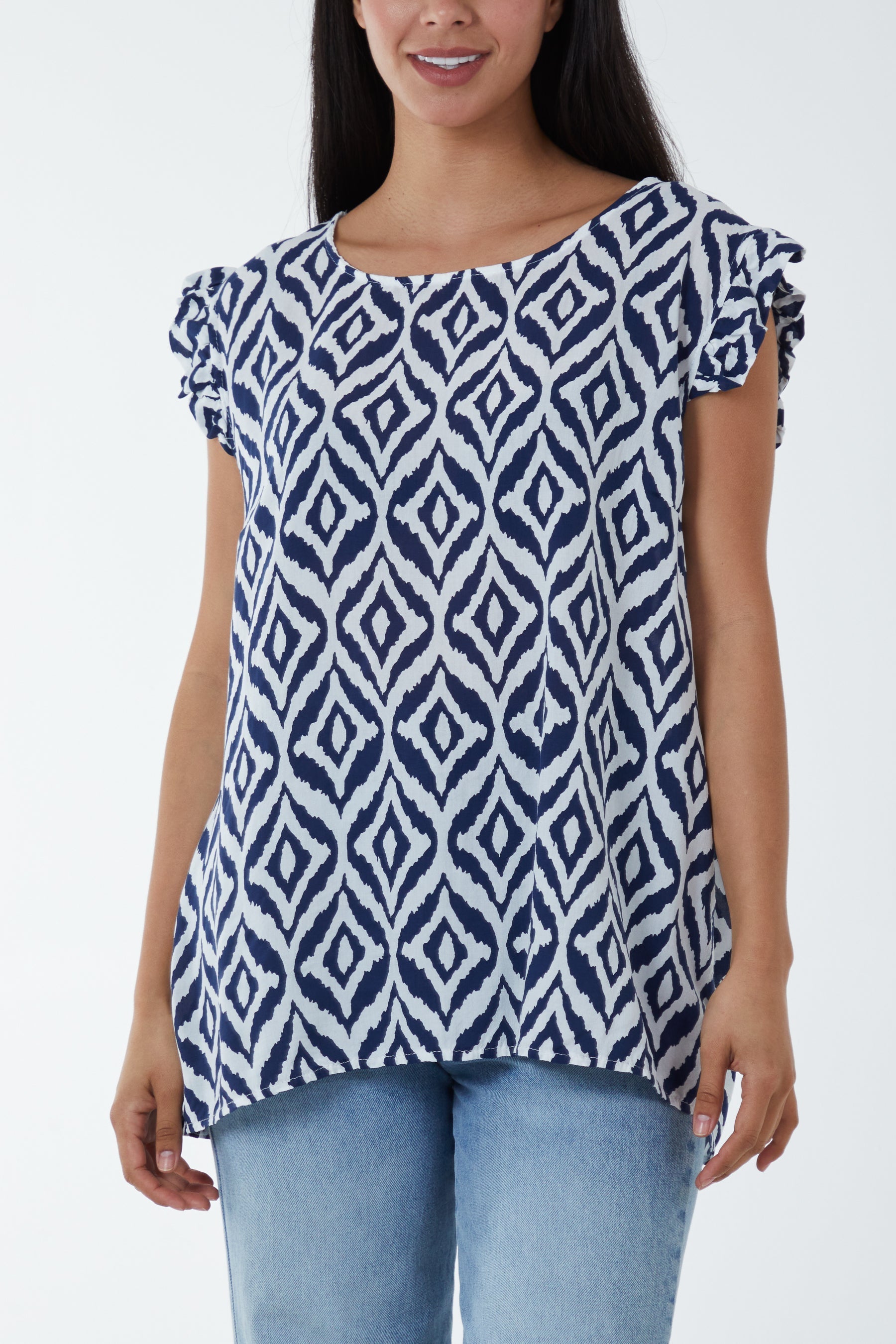 Geometric Print Frill Sleeve Top For Women  - Dropwear