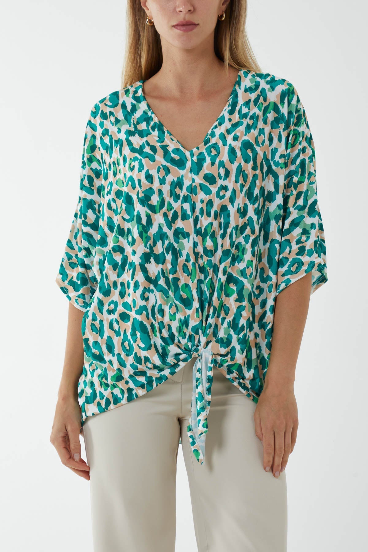 Jade V-Neck Tied Front Leopard Print Top For Women ONE SIZE - Dropwear