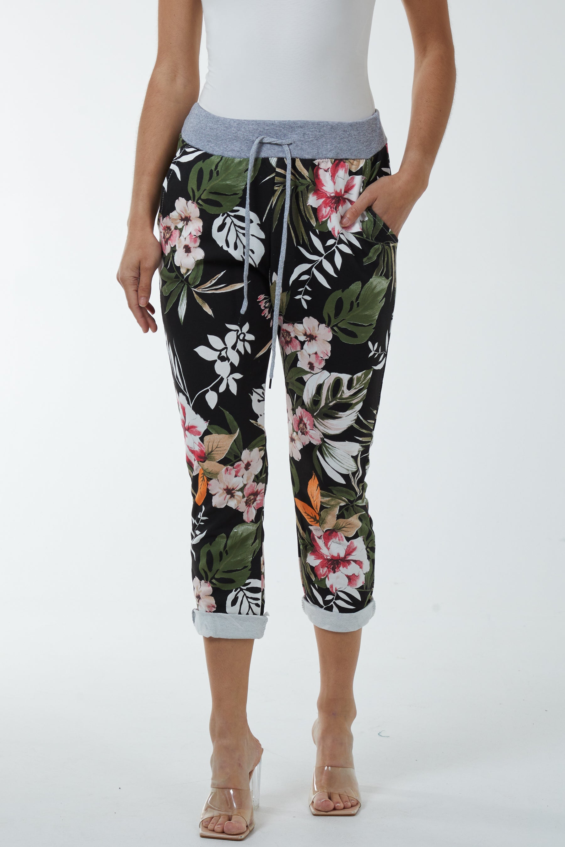 Black Contrast Waist Tropical Trousers For Women ONE SIZE - Dropwear