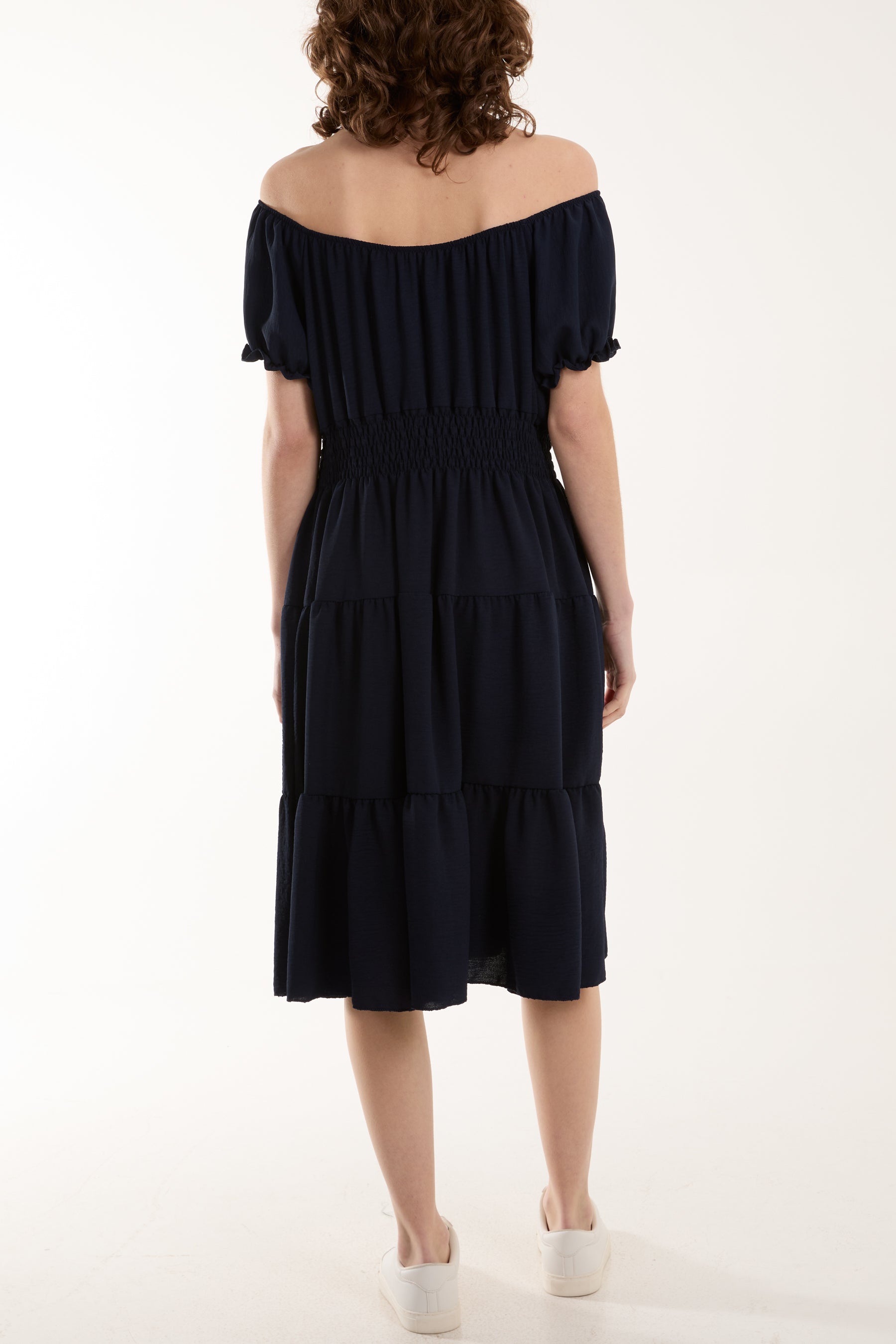 Bardot Shirred Bodice Tiered Dress For Women  - Dropwear