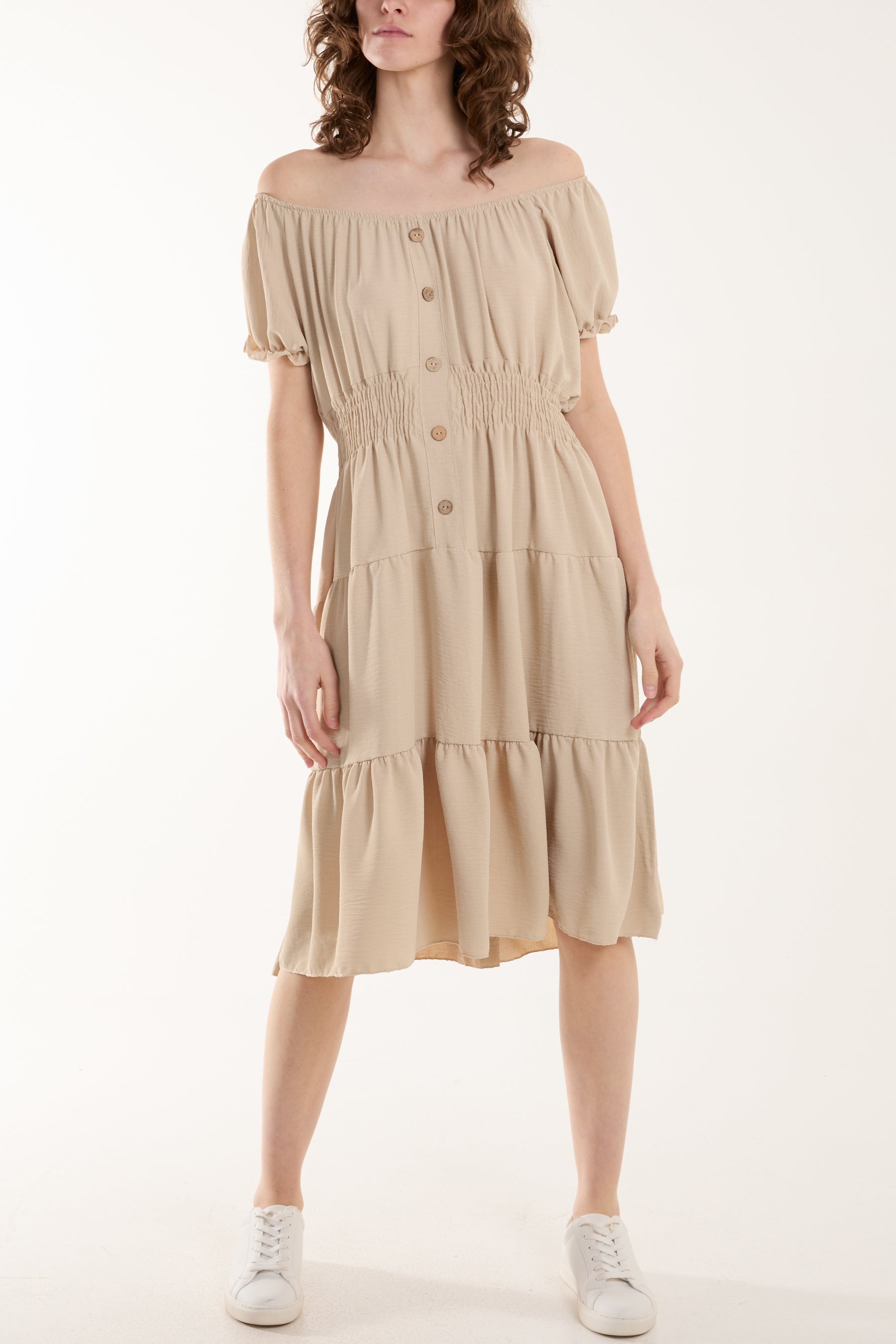 Khaki Bardot Shirred Bodice Tiered Dress For Women ONE SIZE - Dropwear