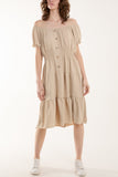 Khaki Bardot Shirred Bodice Tiered Dress For Women ONE SIZE - Dropwear