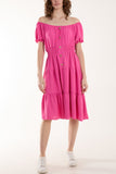 Magenta Bardot Shirred Bodice Tiered Dress For Women ONE SIZE - Dropwear