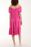 Bottle Green Bardot Shirred Bodice Tiered Dress For Women ONE SIZE - Dropwear