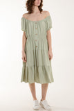 Navy Bardot Shirred Bodice Tiered Dress For Women ONE SIZE - Dropwear