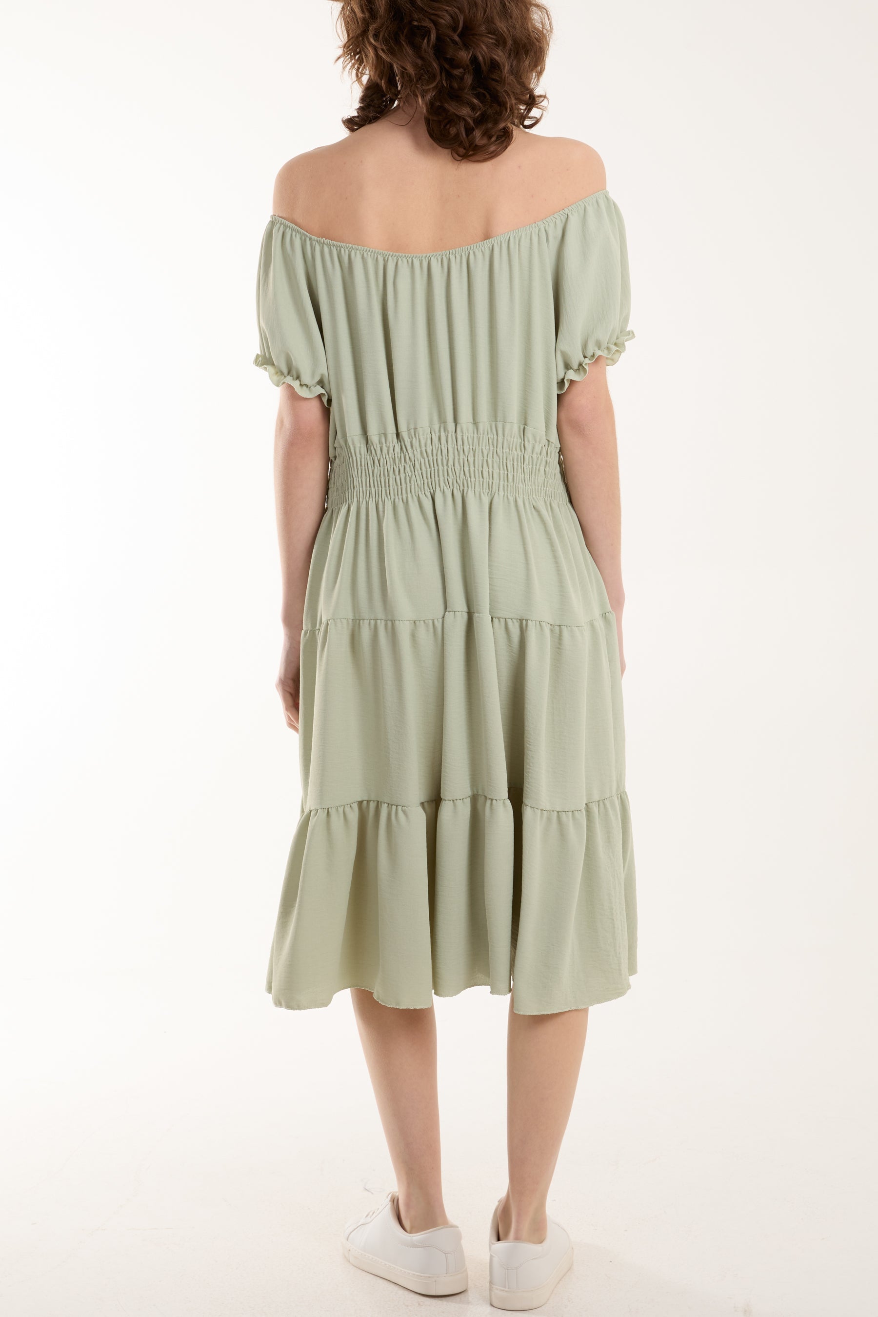 Brown Bardot Shirred Bodice Tiered Dress For Women ONE SIZE - Dropwear