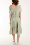 Brown Bardot Shirred Bodice Tiered Dress For Women ONE SIZE - Dropwear