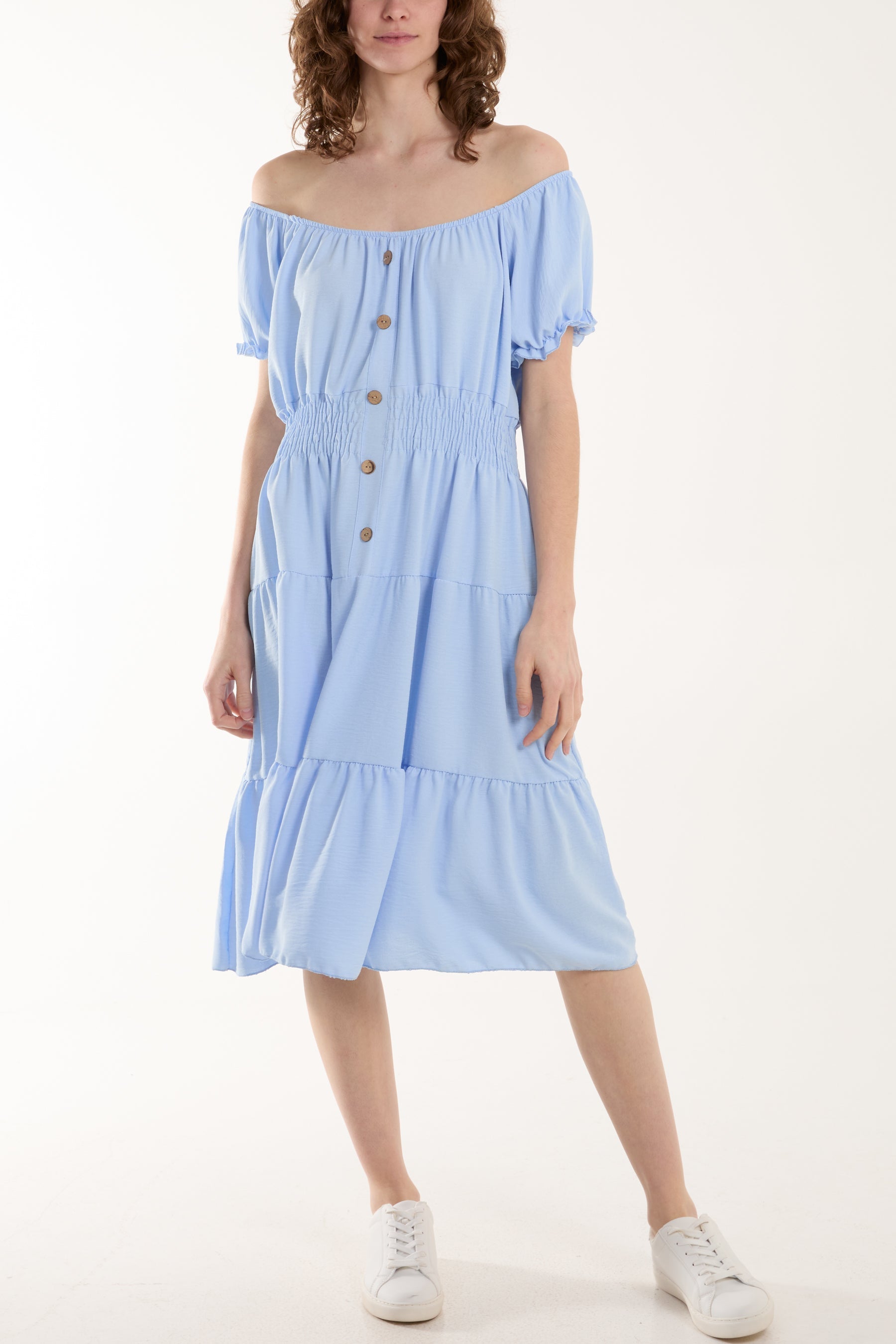 Black Bardot Shirred Bodice Tiered Dress For Women ONE SIZE - Dropwear