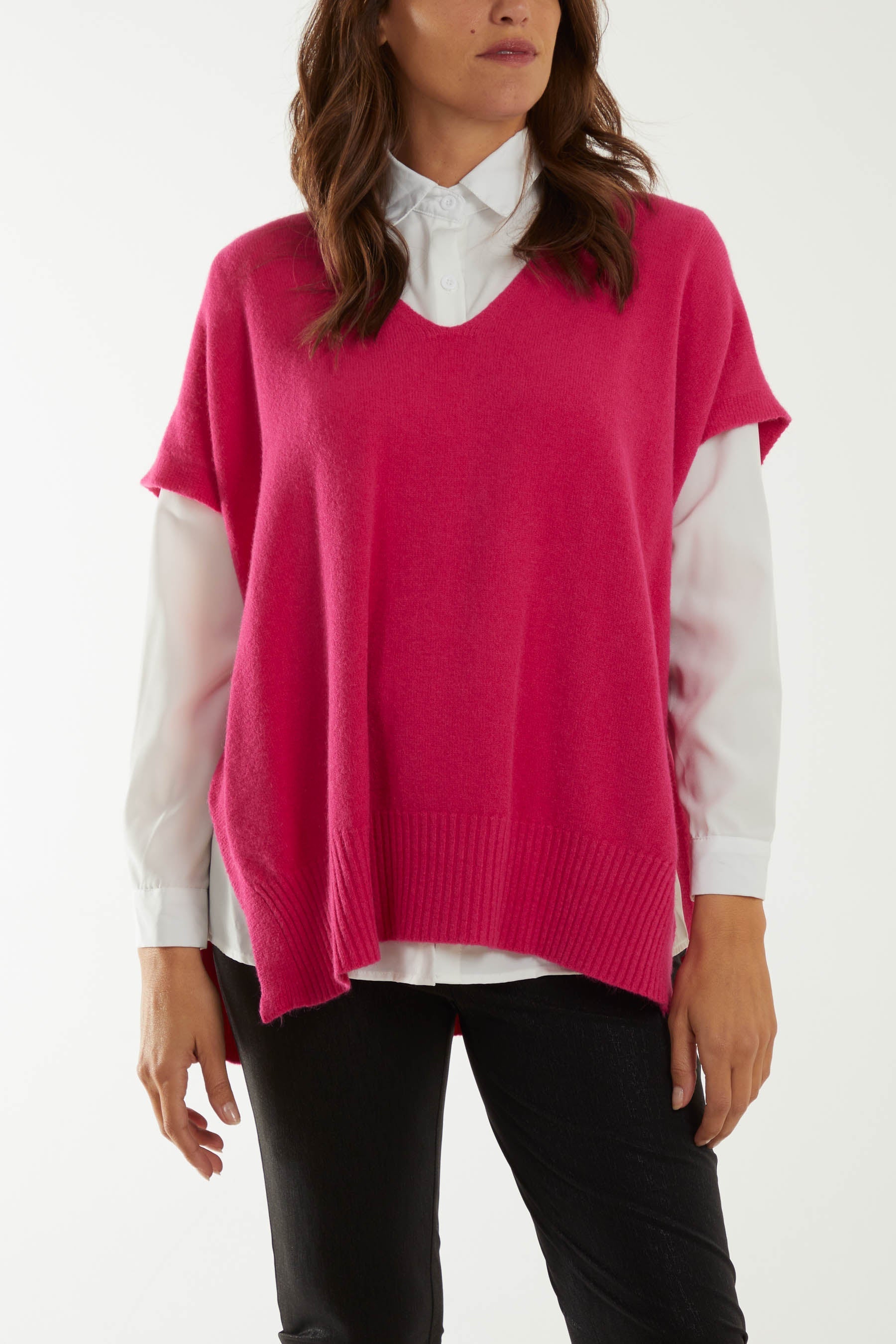 V-Neck Side Split Knit Vest For Women  - Dropwear