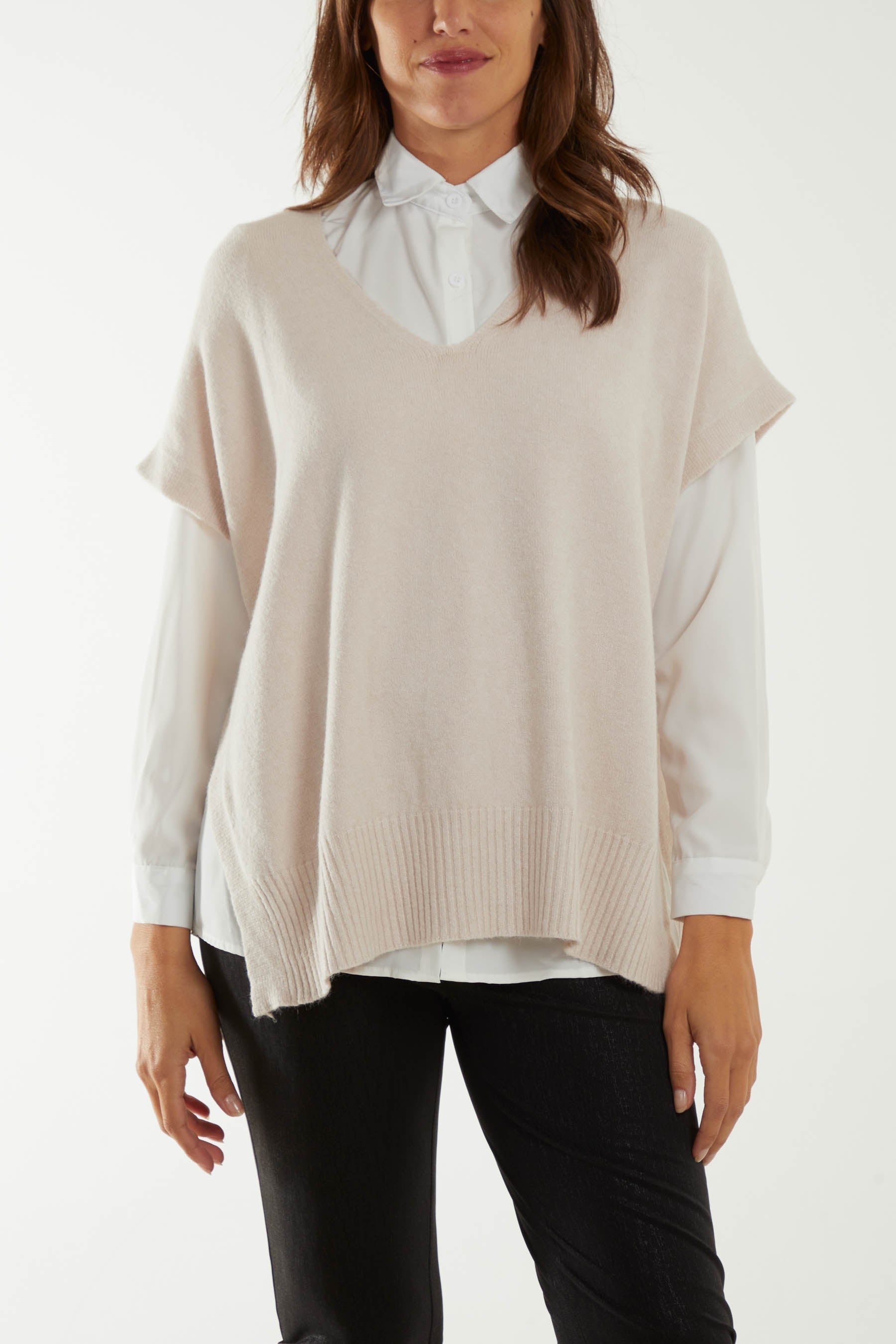 V-Neck Side Split Knit Vest For Women  - Dropwear