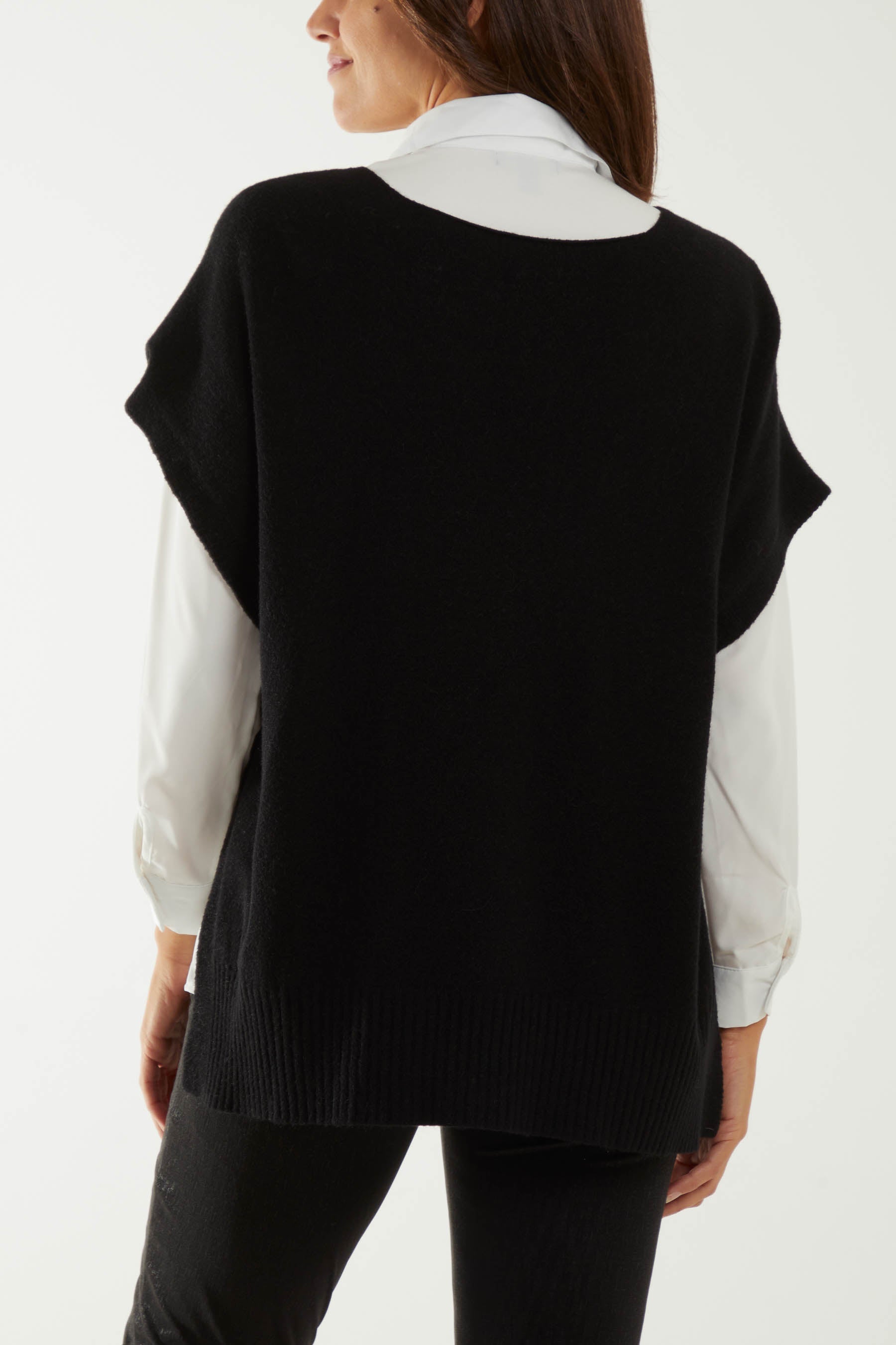Denim V-Neck Side Split Knit Vest For Women ONE SIZE - Dropwear