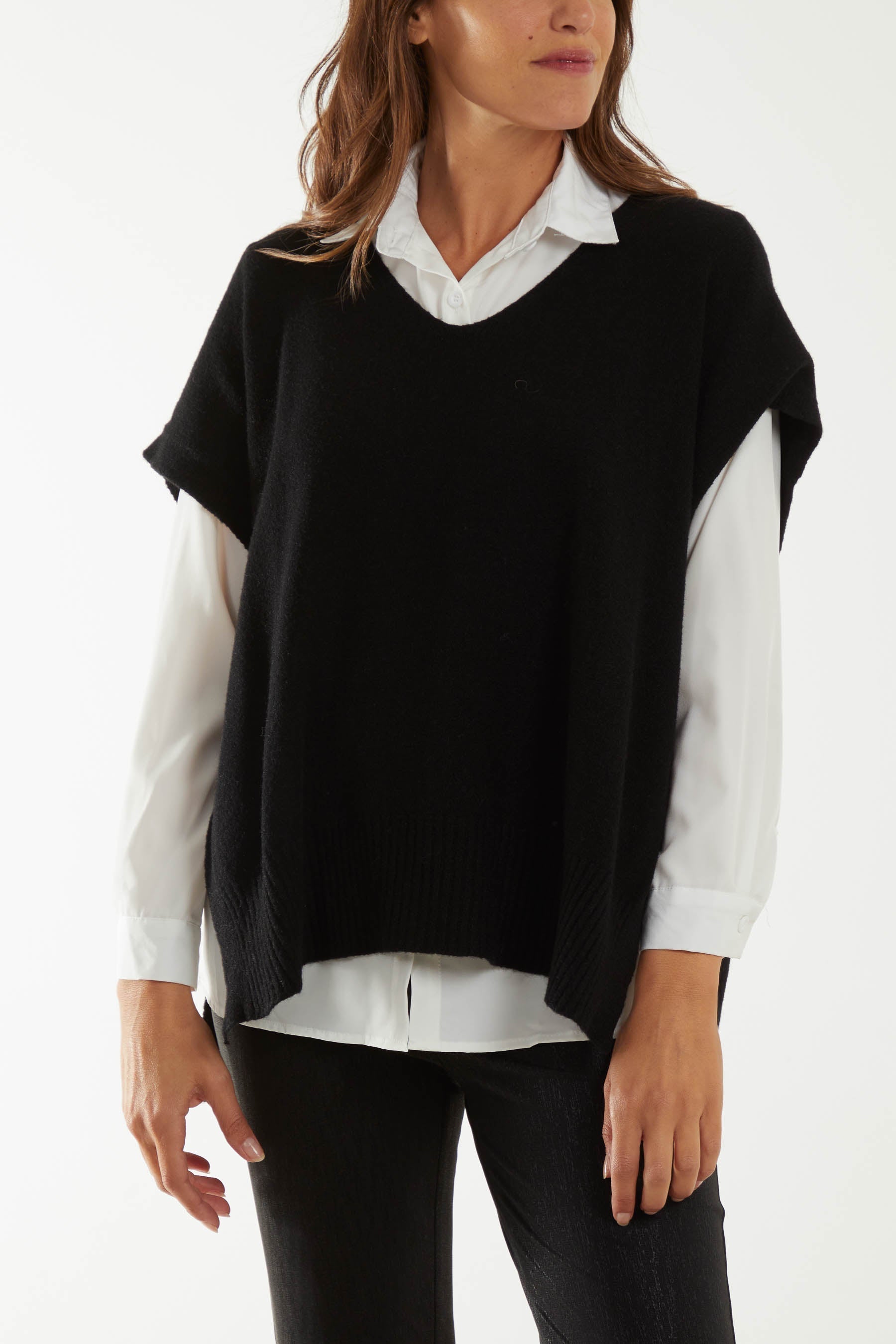 Navy V-Neck Side Split Knit Vest For Women ONE SIZE - Dropwear