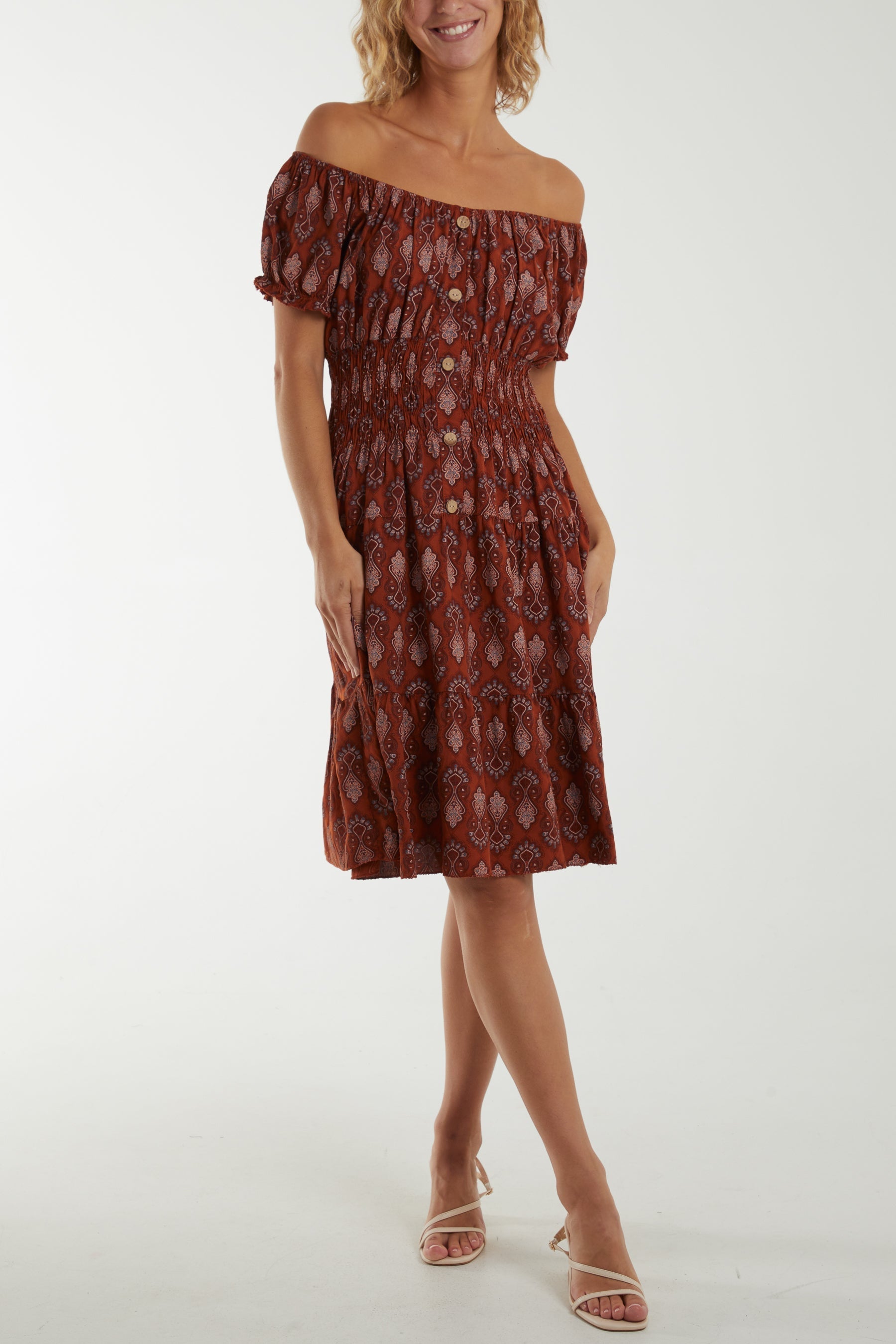 Navy Bardot Moroccan Print Button Dress For Women ONE SIZE - Dropwear