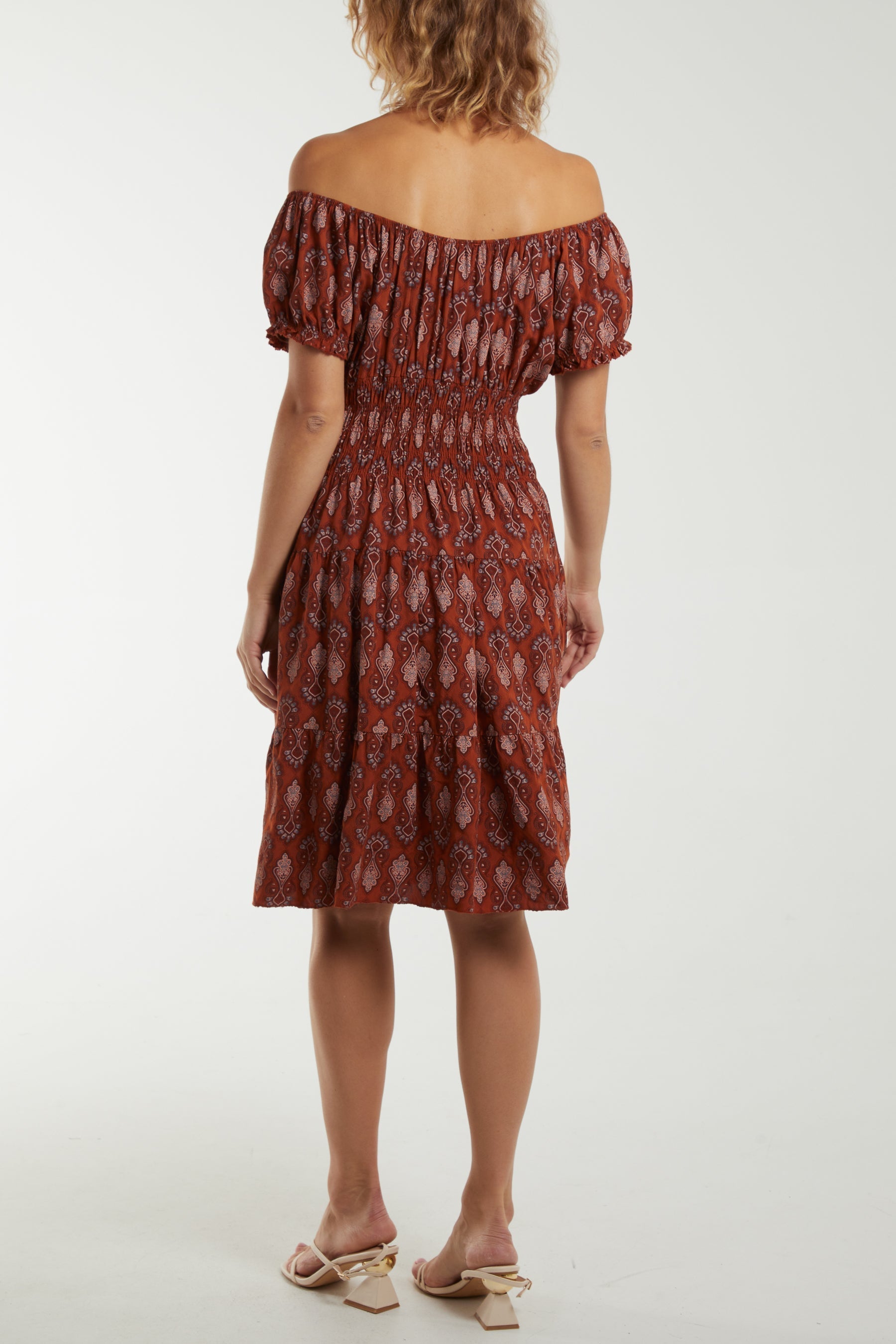 Camel Bardot Moroccan Print Button Dress For Women ONE SIZE - Dropwear