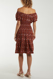 Camel Bardot Moroccan Print Button Dress For Women ONE SIZE - Dropwear