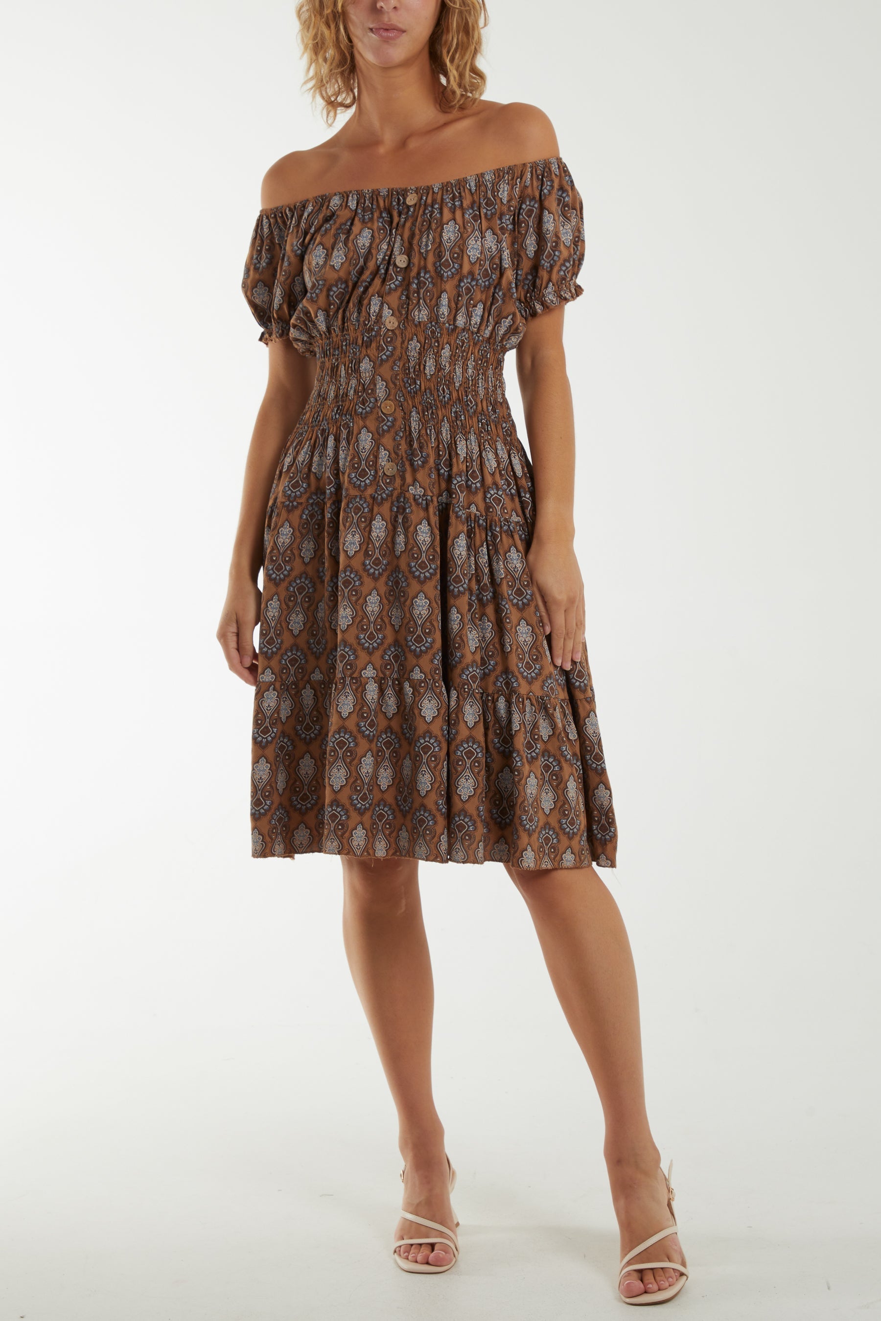 Rust Bardot Moroccan Print Button Dress For Women ONE SIZE - Dropwear