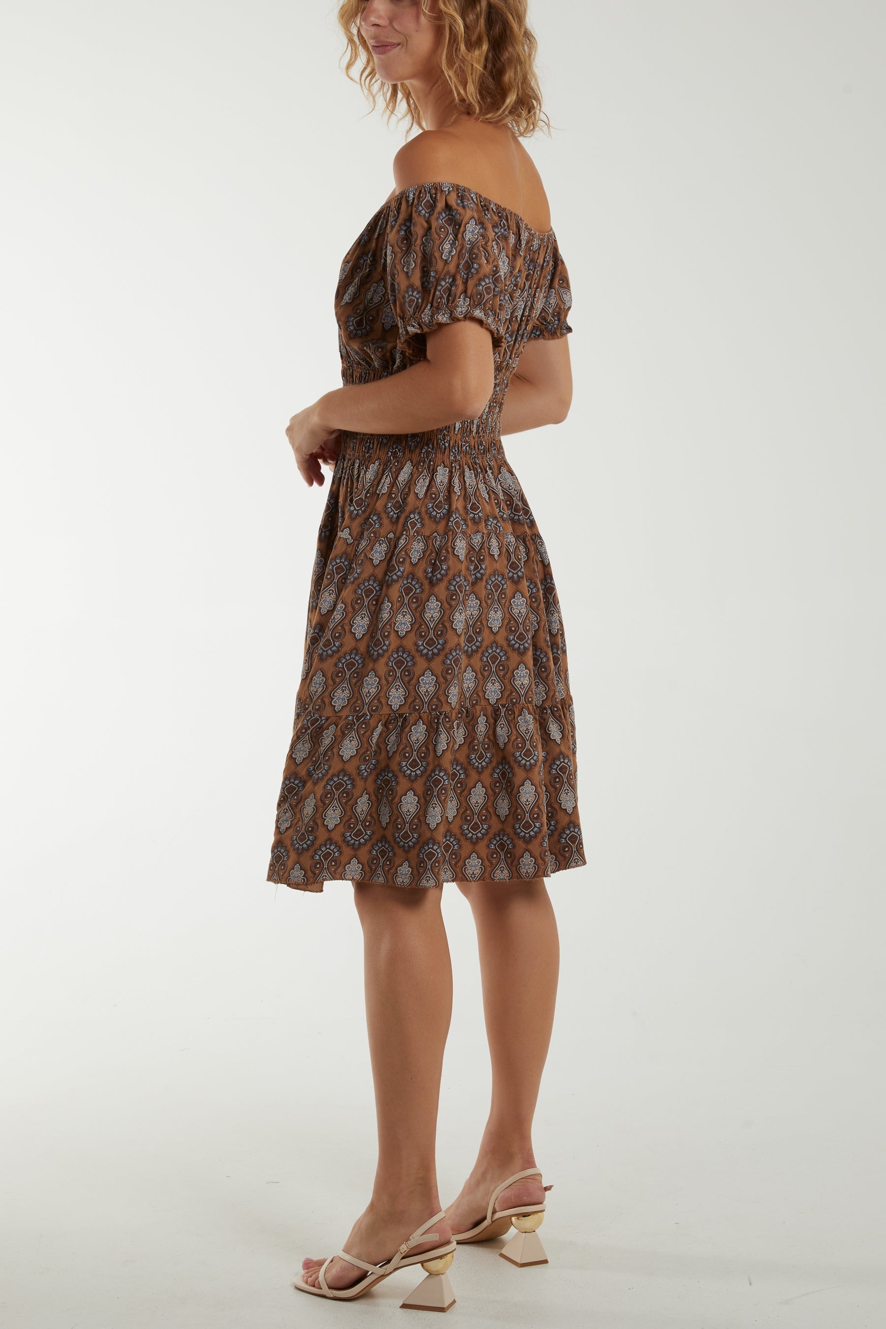 Bardot Moroccan Print Button Dress For Women  - Dropwear