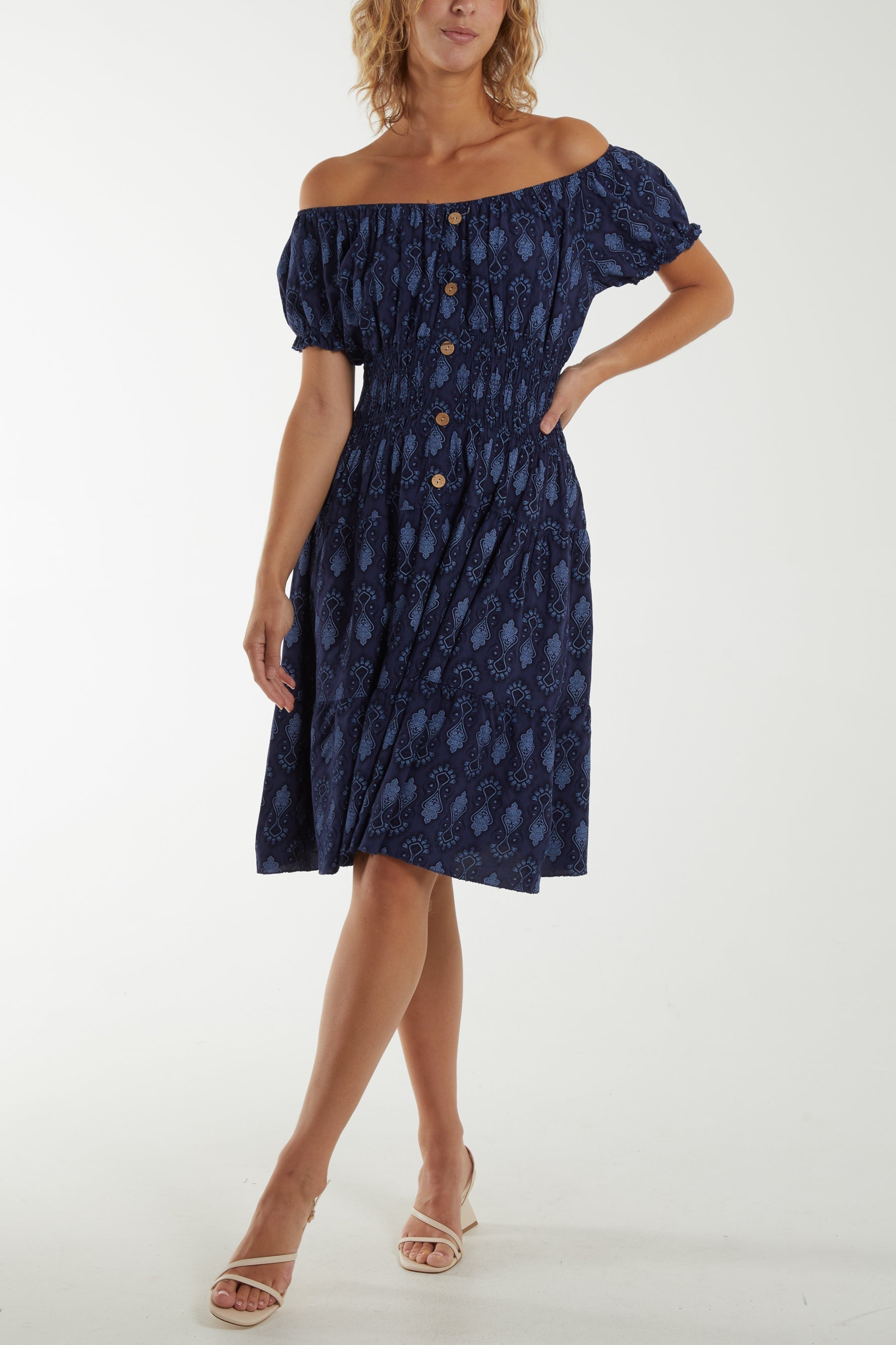 Bardot Moroccan Print Button Dress For Women  - Dropwear