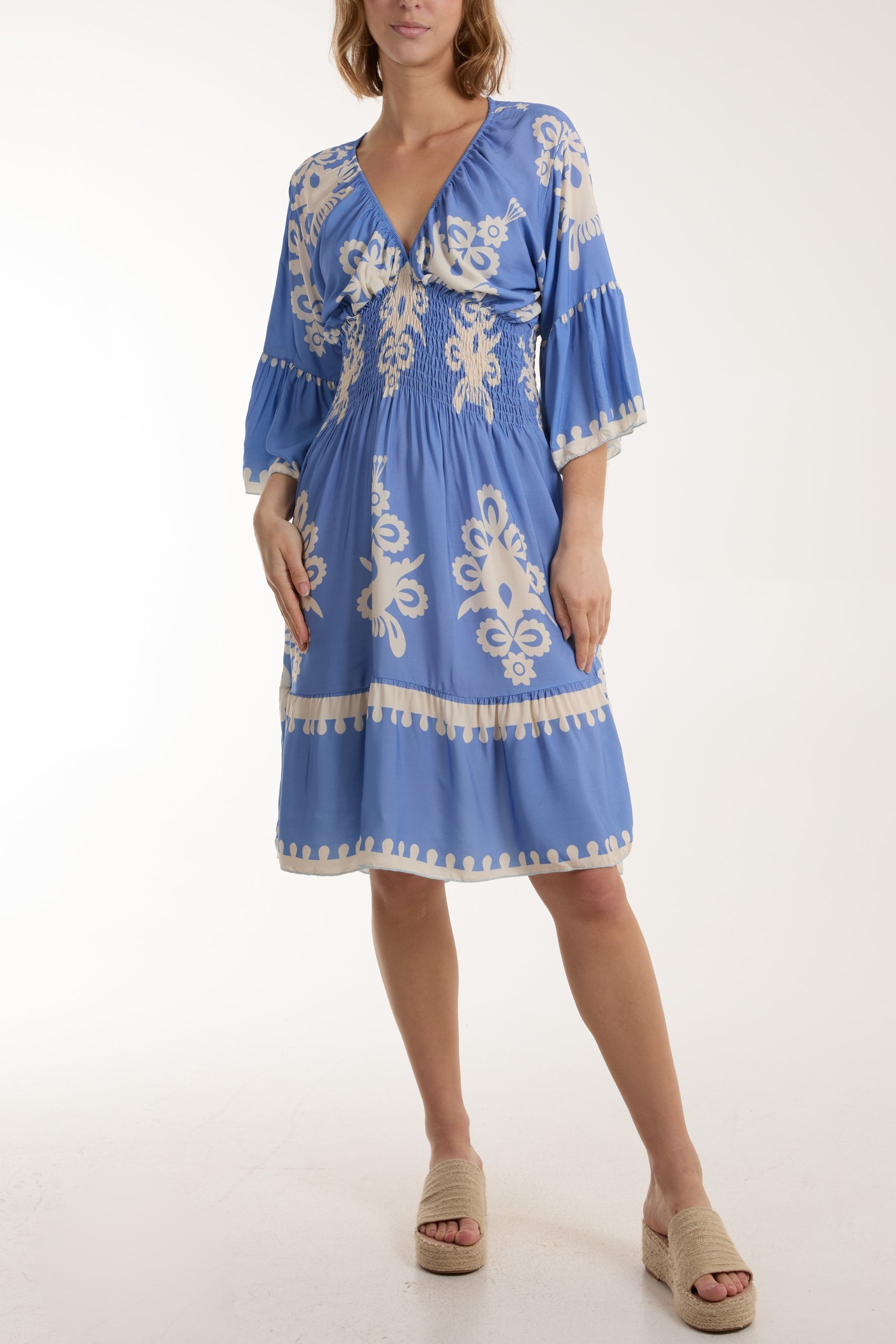 Royal Blue Shirred Bodice Printed Mini Dress For Women ONE SIZE - Dropwear