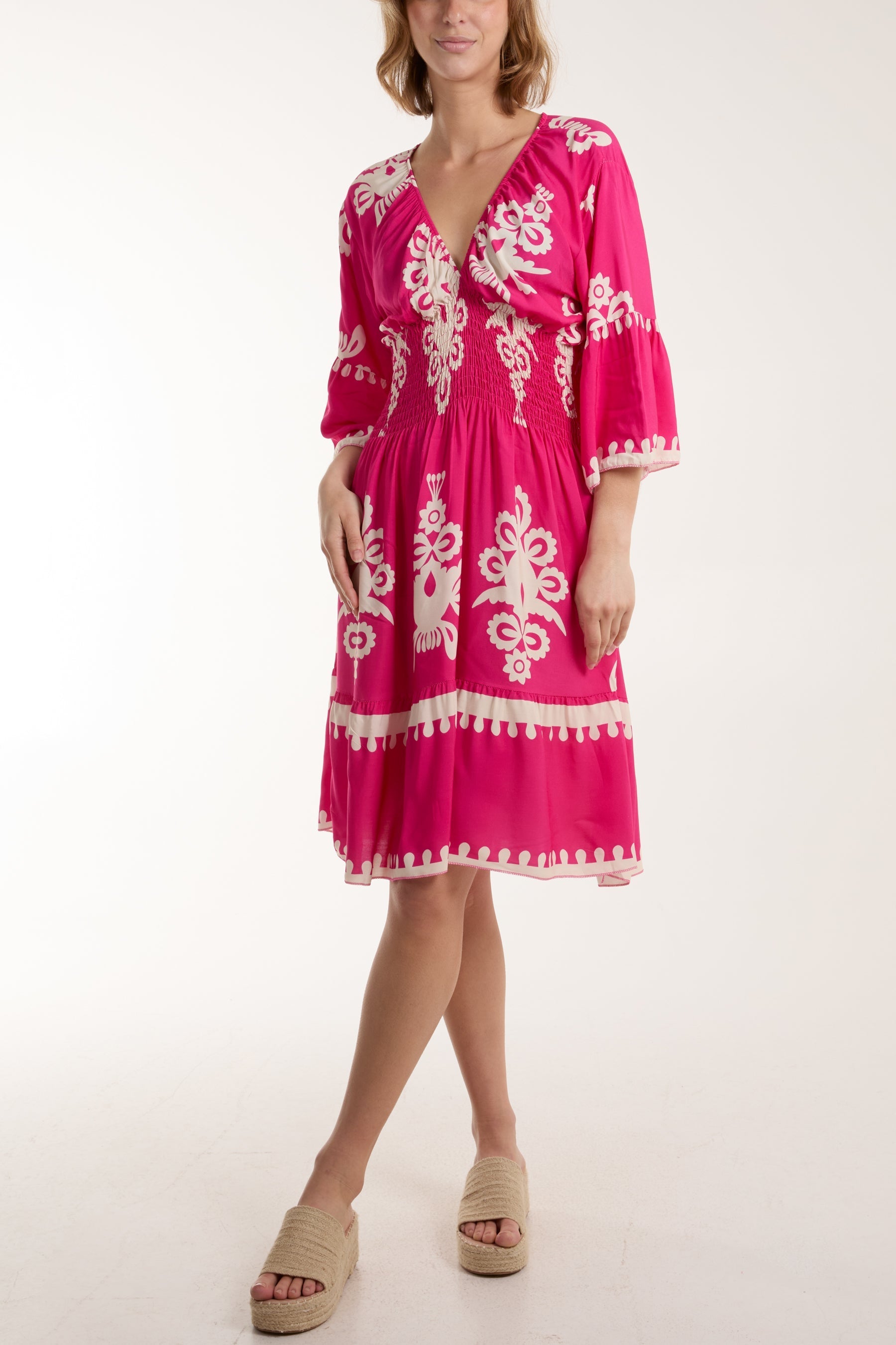 Shirred Bodice Printed Mini Dress For Women  - Dropwear