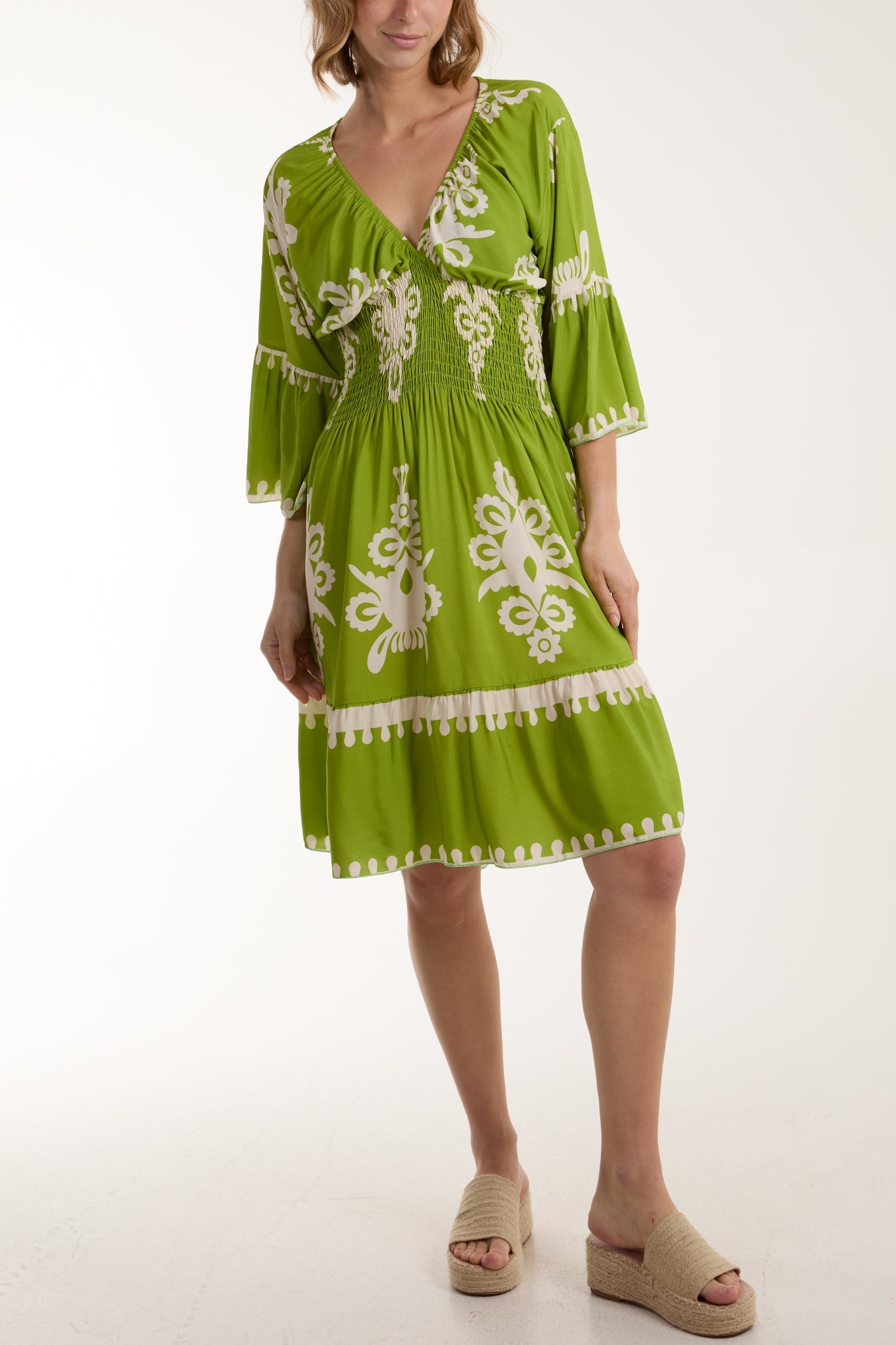 Khaki Shirred Bodice Printed Mini Dress For Women ONE SIZE - Dropwear