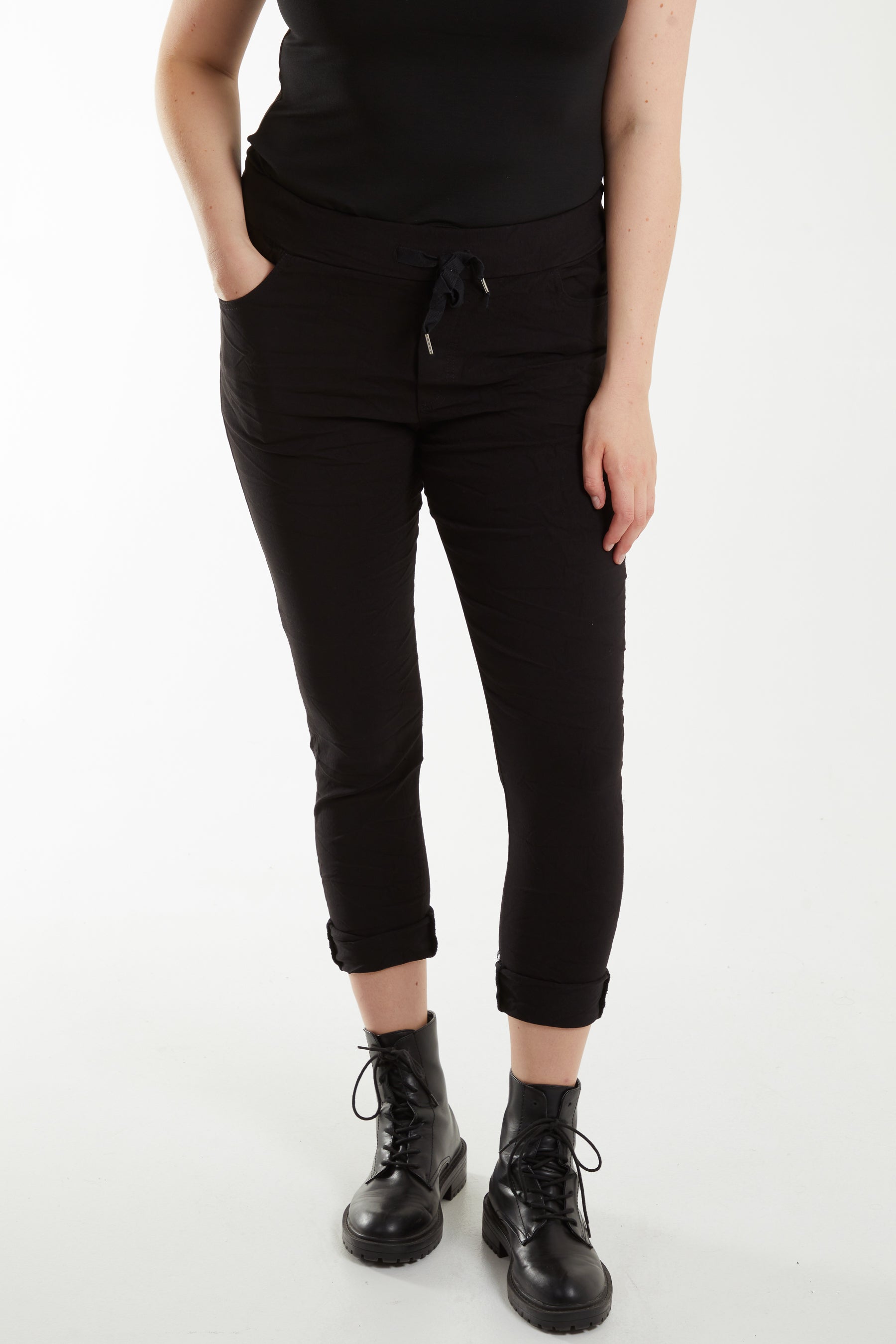 Black Magic Drawstring Pockets Crushed Trouser For Women ONE SIZE - Dropwear