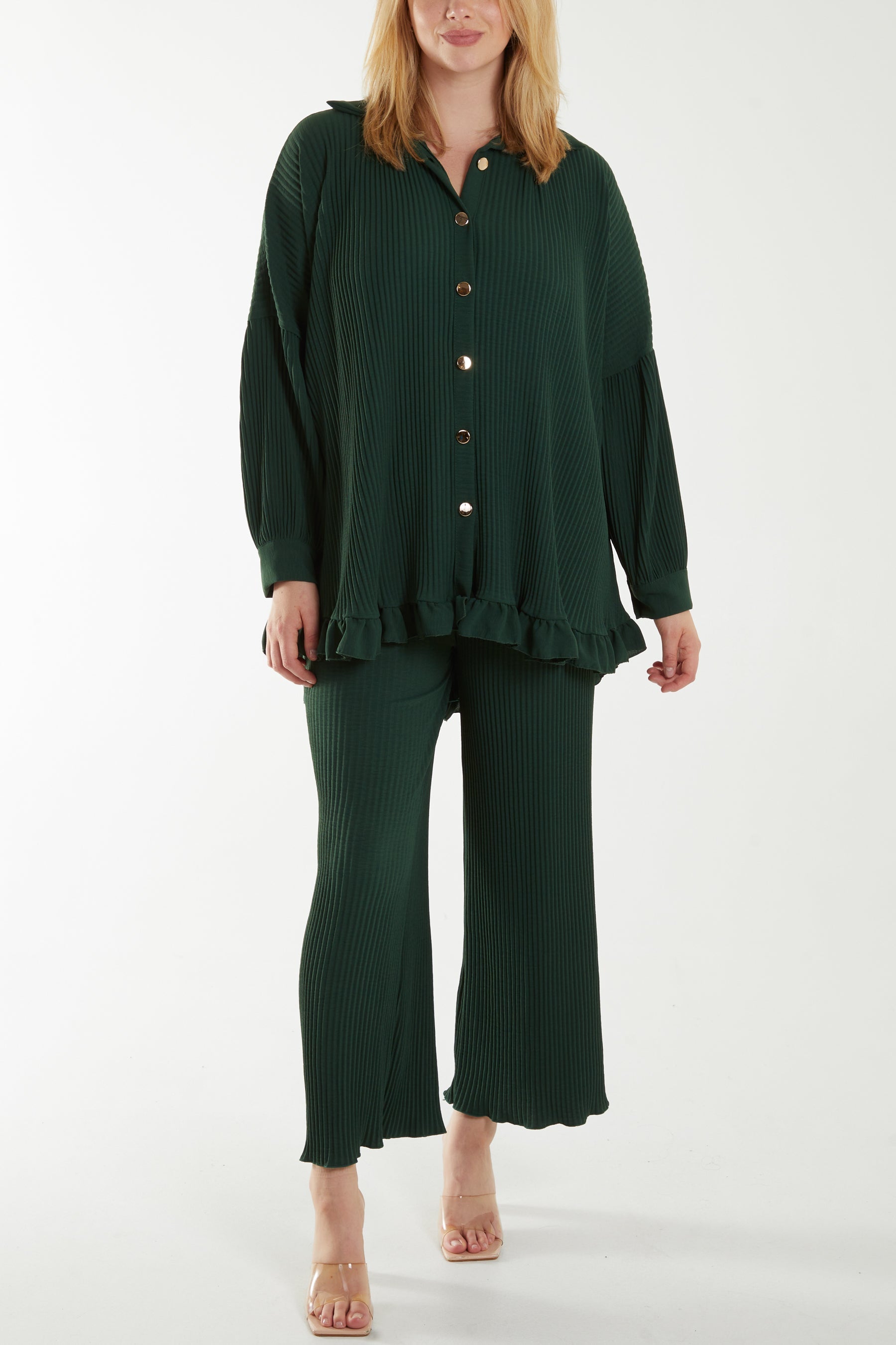 Stone Plisse Shirt & Trouser Co-Ord Set For Women ONE SIZE - Dropwear