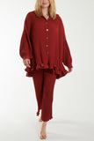 Bottle Green Plisse Shirt & Trouser Co-Ord Set For Women ONE SIZE - Dropwear