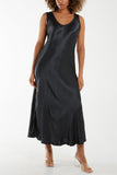 Charcoal Satin Bias Cut V Neck Maxi Dress For Women ONE SIZE - Dropwear