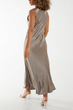 Mocha Satin Bias Cut V Neck Maxi Dress For Women ONE SIZE - Dropwear