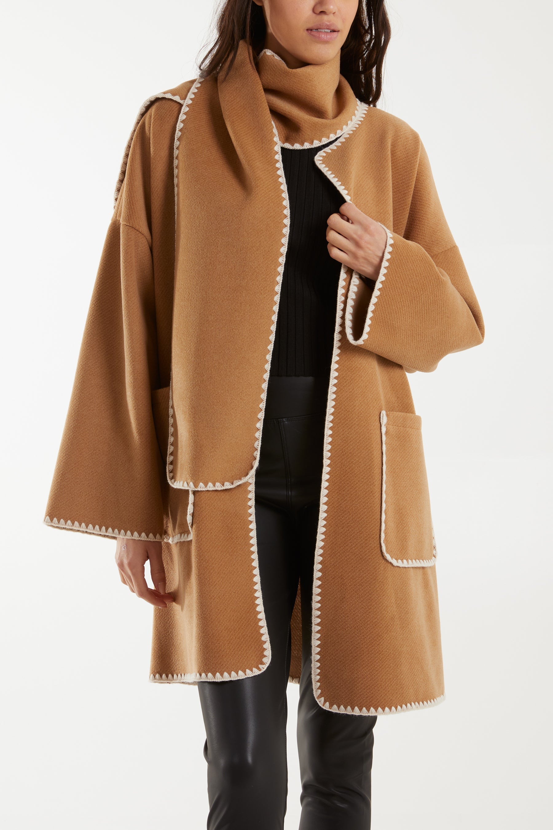 Camel Stitched Hem Jacket with Matching Scarf For Women ONE SIZE - Dropwear
