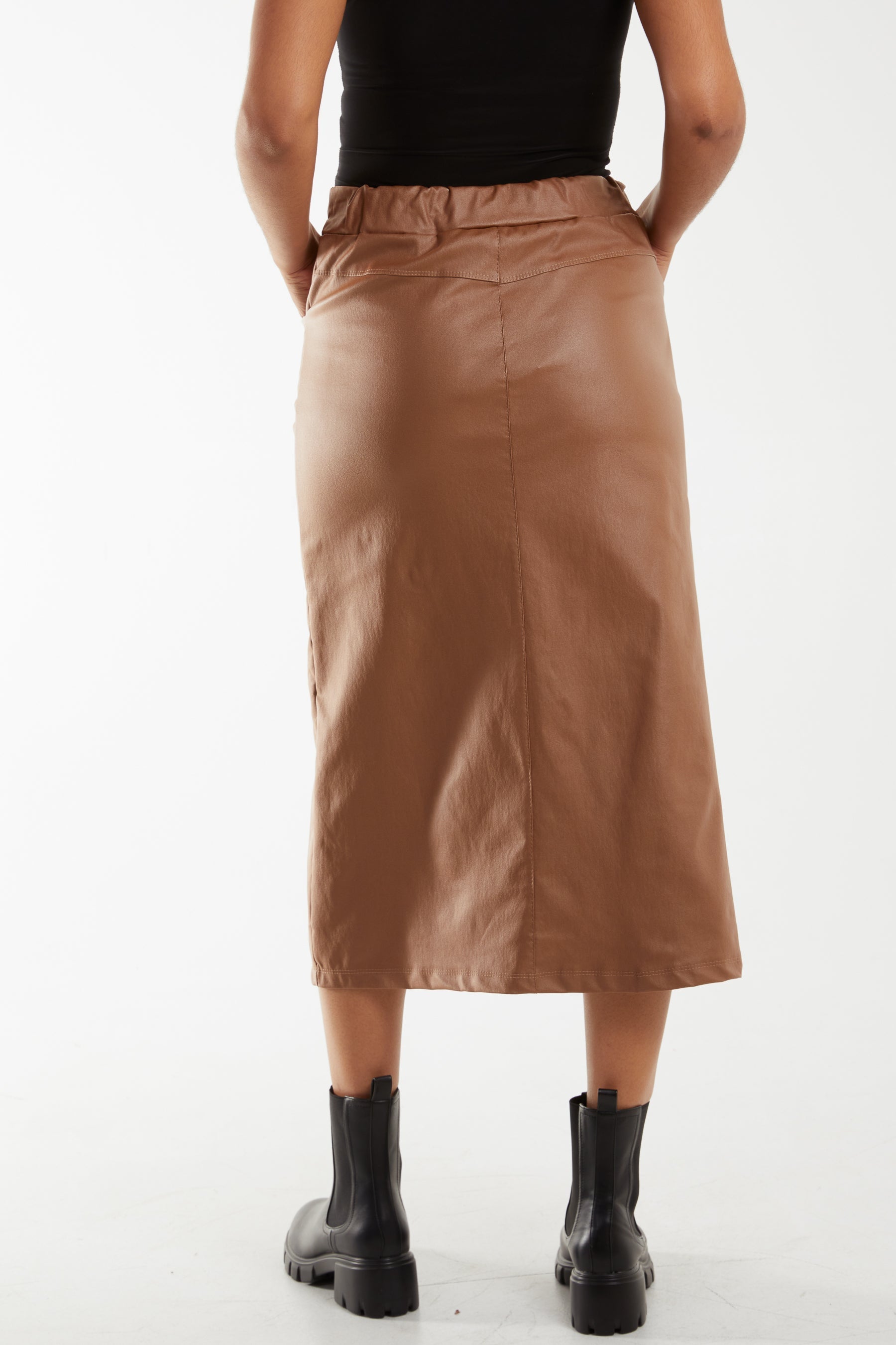 Tan Magic String PU Coated Midi Skirt For Women ONE SIZE - Dropwear