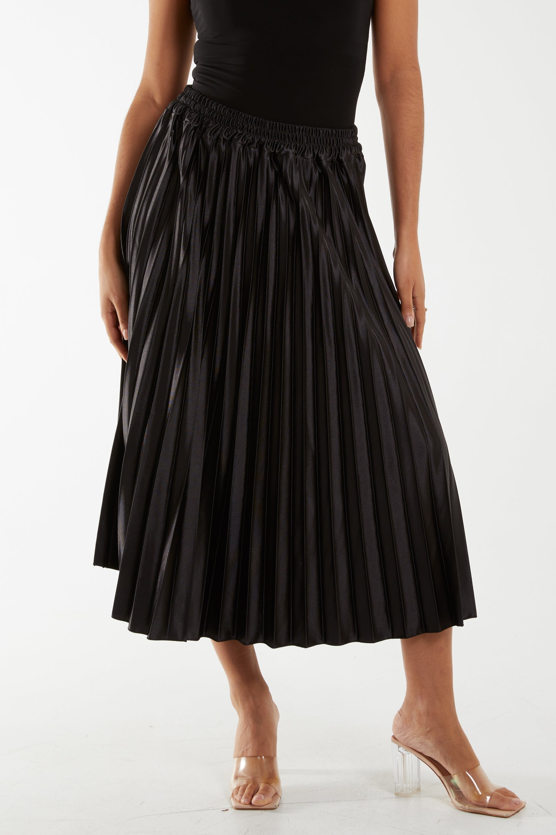 Black Satin Plisse Midi Skirt For Women ONE SIZE - Dropwear