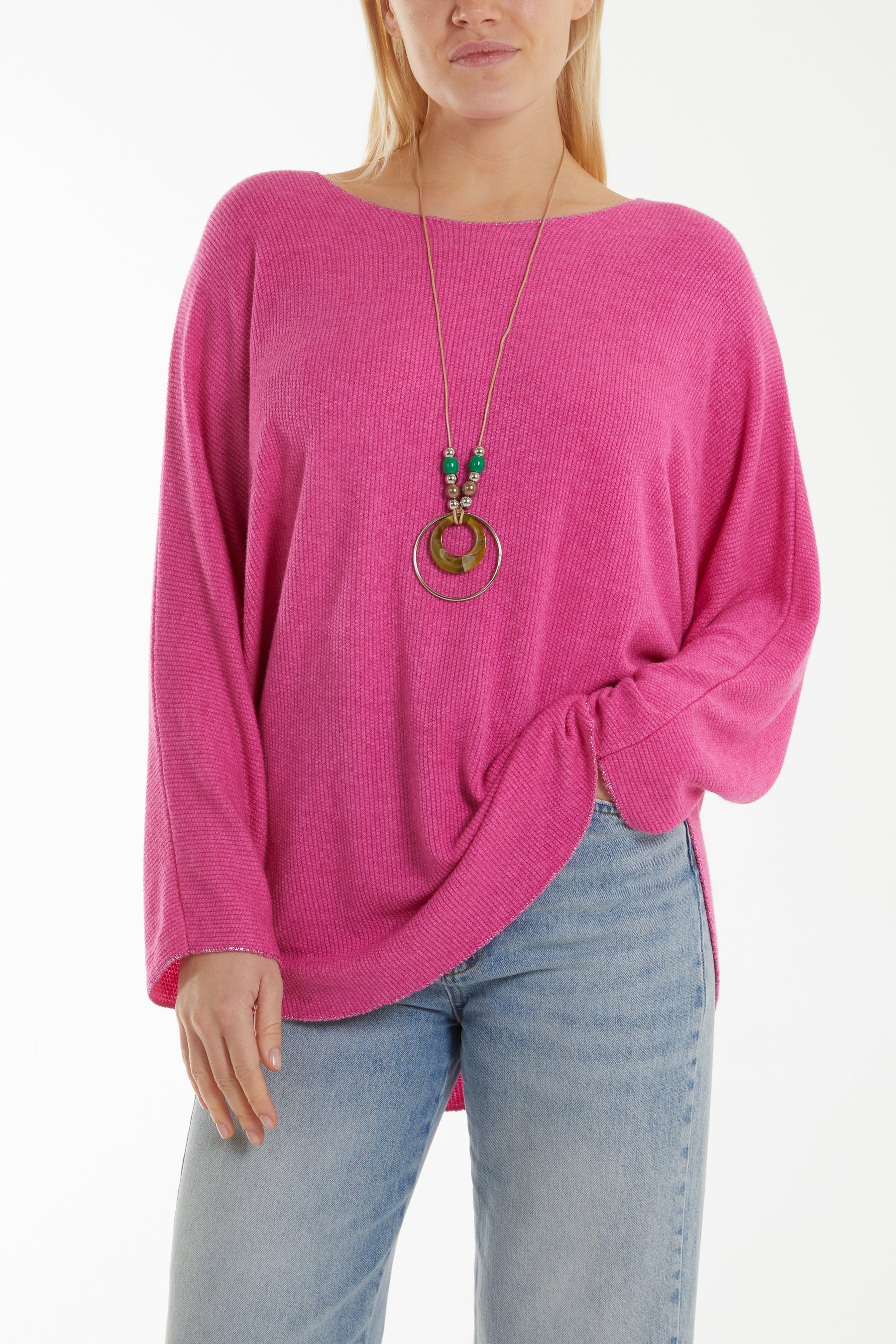 Grey Waffle Fine Knit Batwing Necklace Jumper For Women ONE SIZE - Dropwear